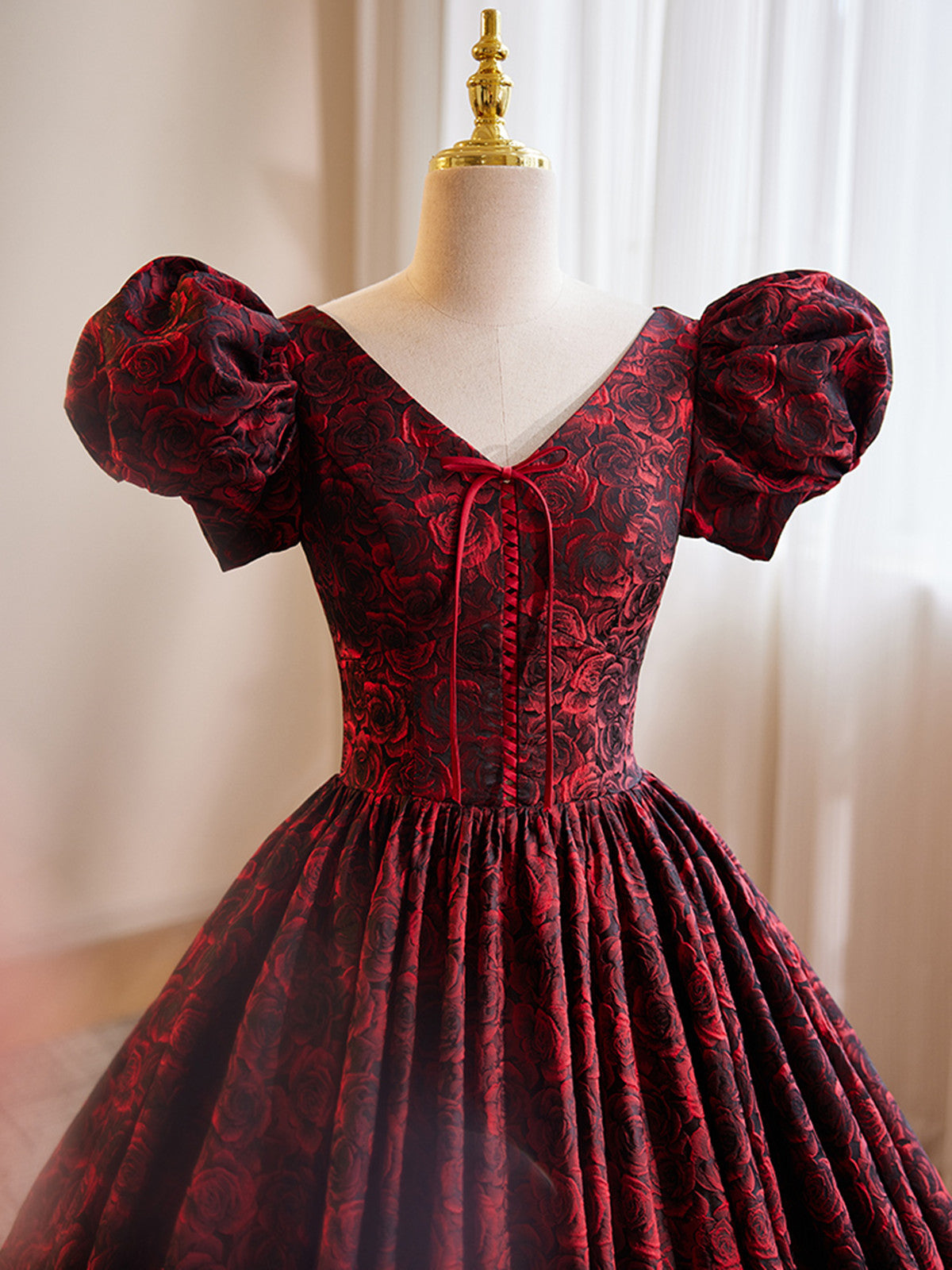 A-line Black and Red Lace Short Sleeves Party Dress