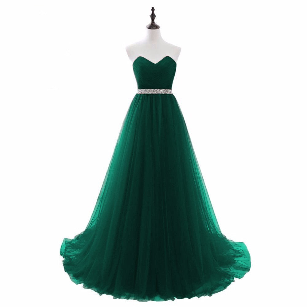 Simple Green Beaded Waist Tulle A-line Floor Length Party Dress