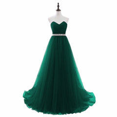 Simple Green Beaded Waist Tulle A-line Floor Length Party Dress