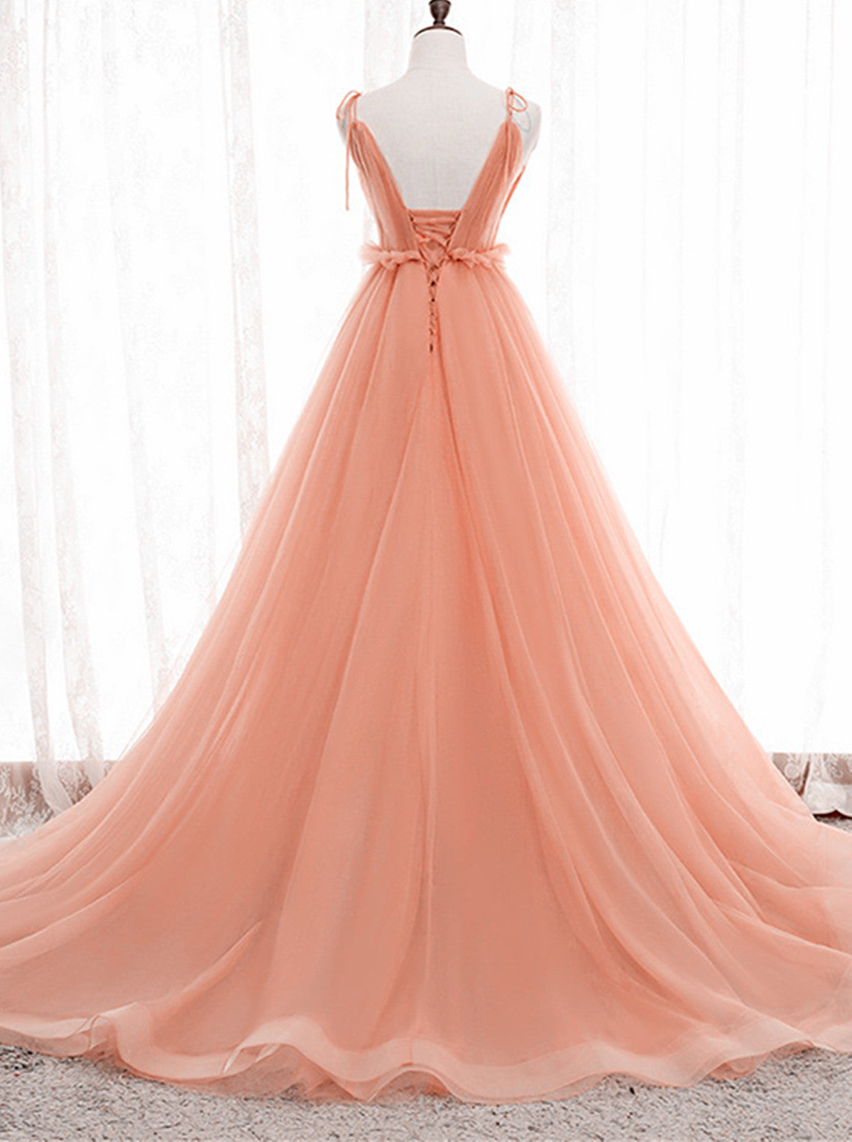 A-line Tulle Straps Low Back Long Wedding Party Dress
