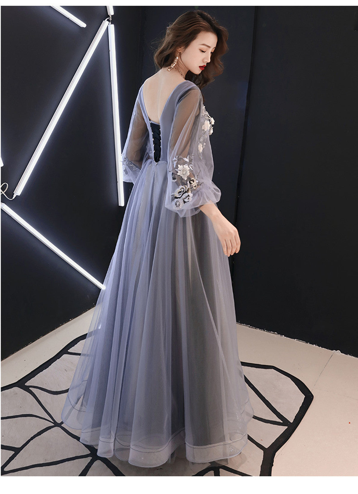 A-line Puffy Long Sleeves Flowers Tulle Party Dress