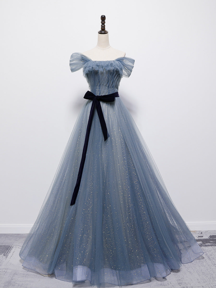 Grey-Blue Tulle Off Shoulder Long Party Dress with Bow