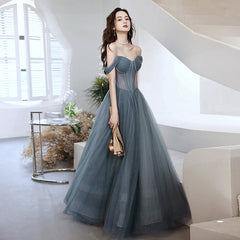 Beautiful Grey Tulle Off Shoulder Long Prom Party Dress