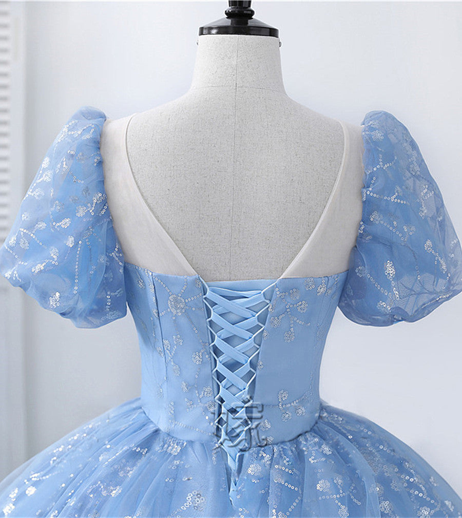 Light Blue Tulle Short Sleeves Long Formal Dress