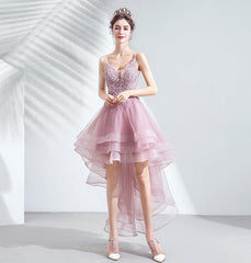 Pink Straps High Low V-neckline Tulle Lace and Beaded Prom Dress