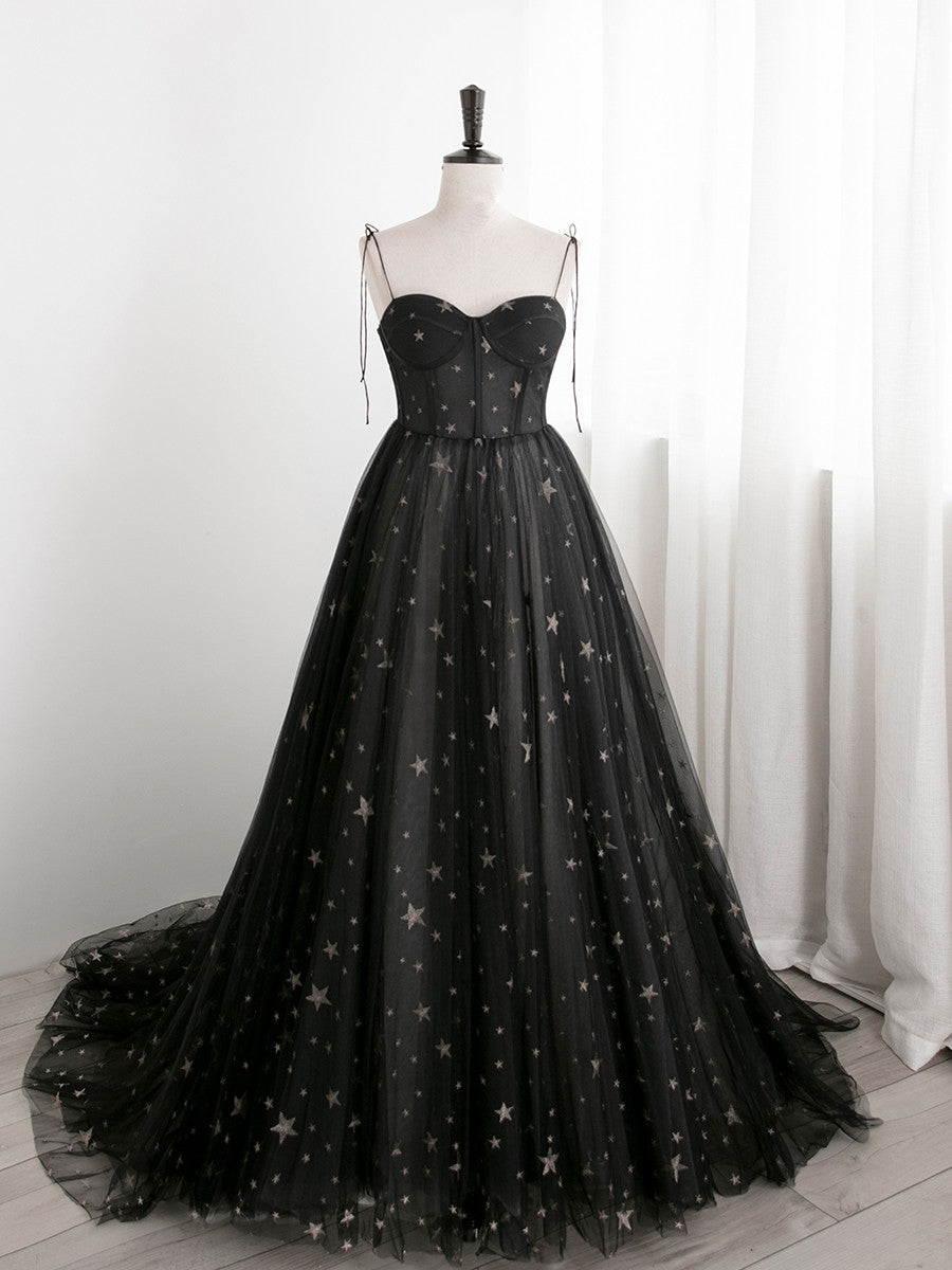 Black Sweetheart Tulle Straps Long Formal Dress