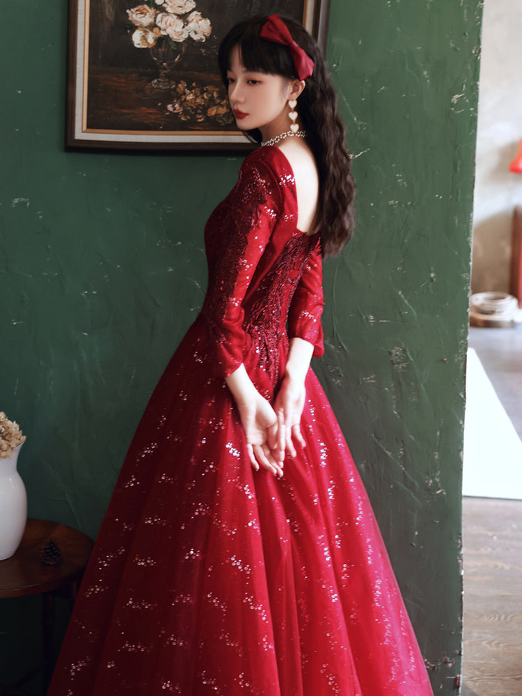 Vestido de fiesta largo de tul rojo vino con encaje y cuentas en forma de A 