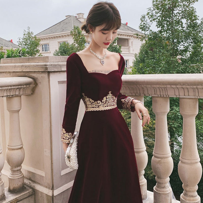 Elegant Wine Red Velvet Long Sleeves Party Dress