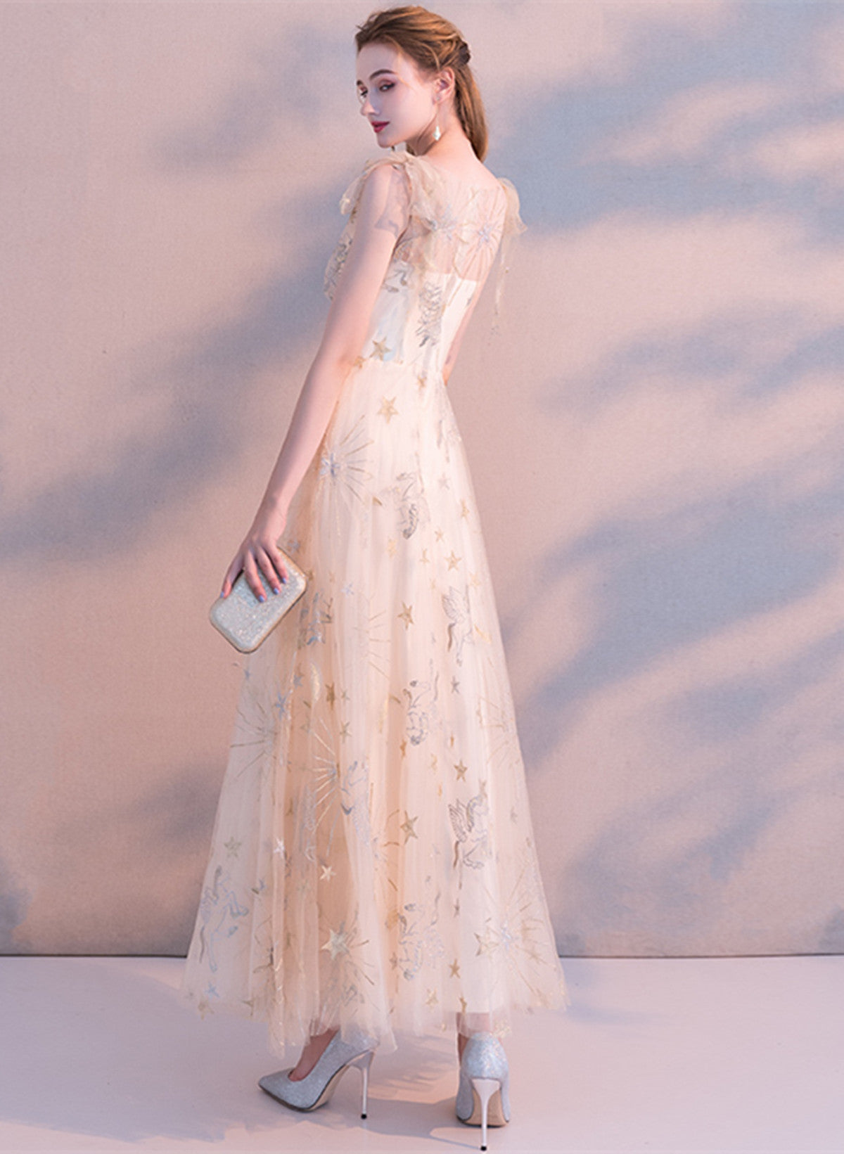 Light Champagne A-line Tulle Long Evening Dress
