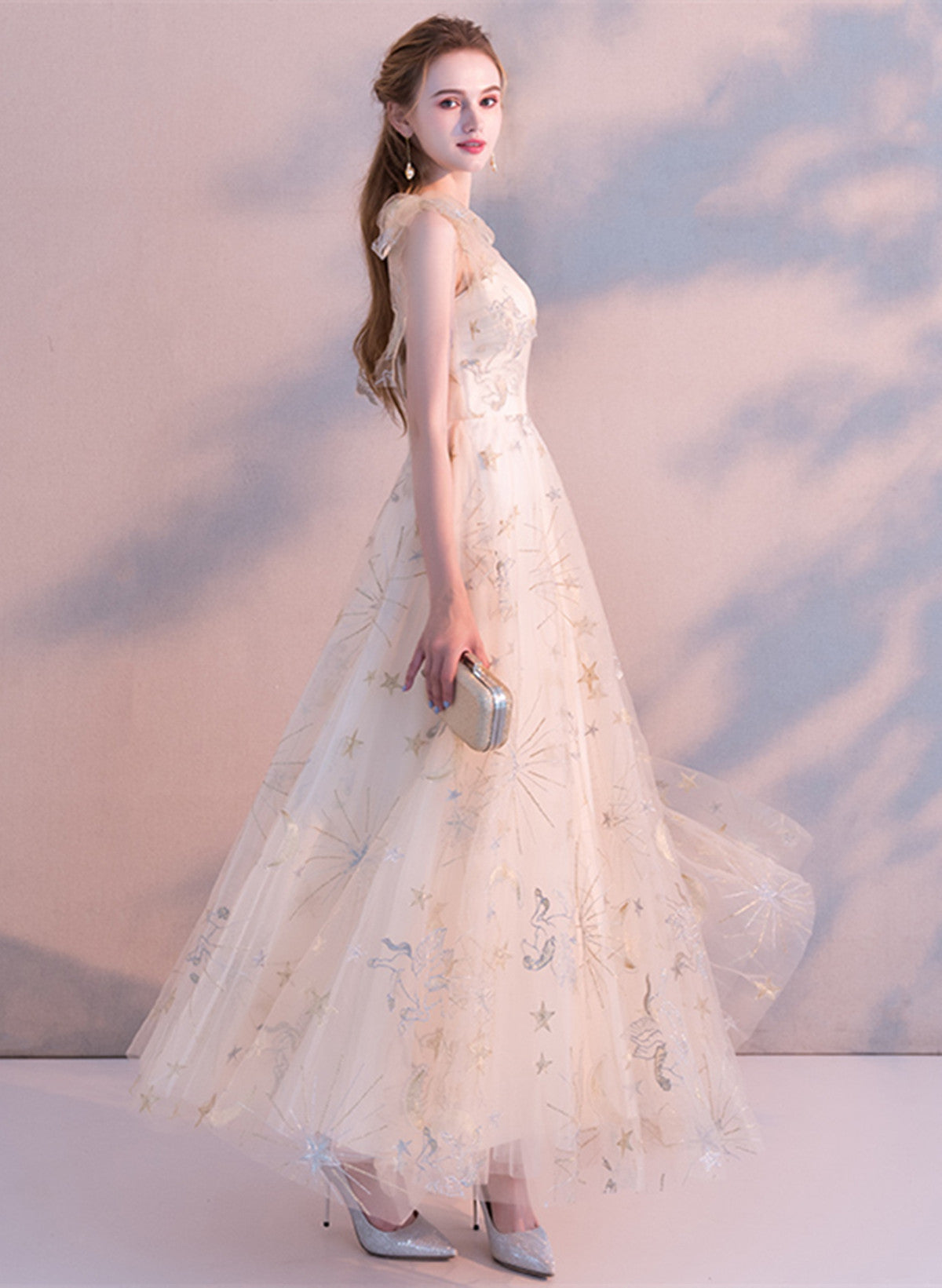 Light Champagne A-line Tulle Long Evening Dress