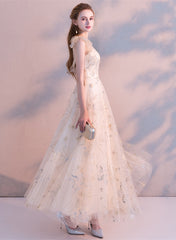 Light Champagne A-line Tulle Long Evening Dress