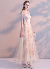 Light Champagne A-line Tulle Long Evening Dress
