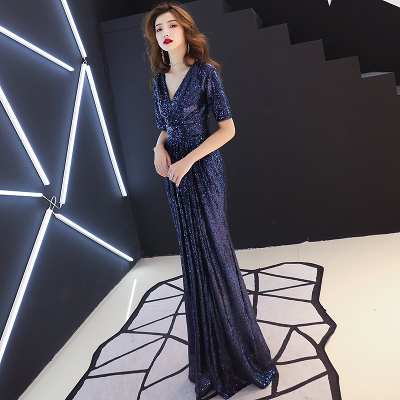 Blue Sequins Short Sleeves A-line Long Bridesmaid Dresses