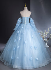 Blue Flowers and Tulle Puffy Sleeves Prom Dress