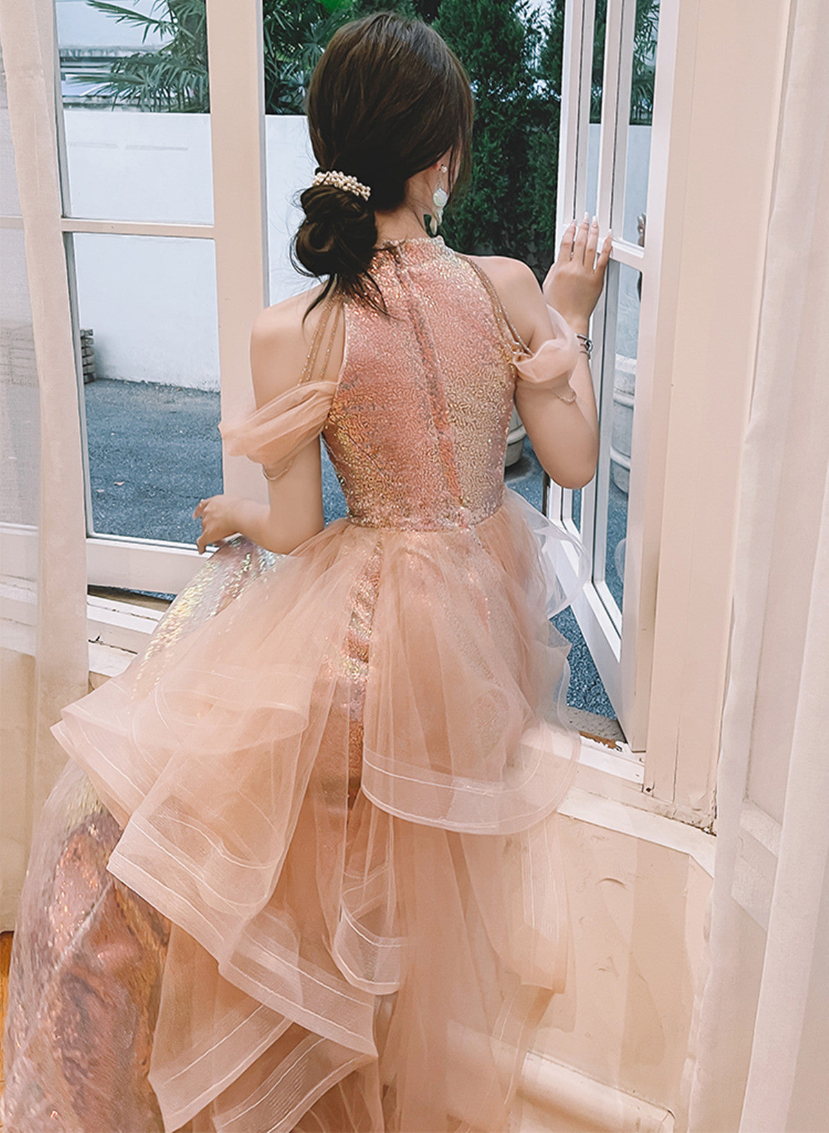 Vestido de noche largo rosa de tul y lentejuelas de corte A 