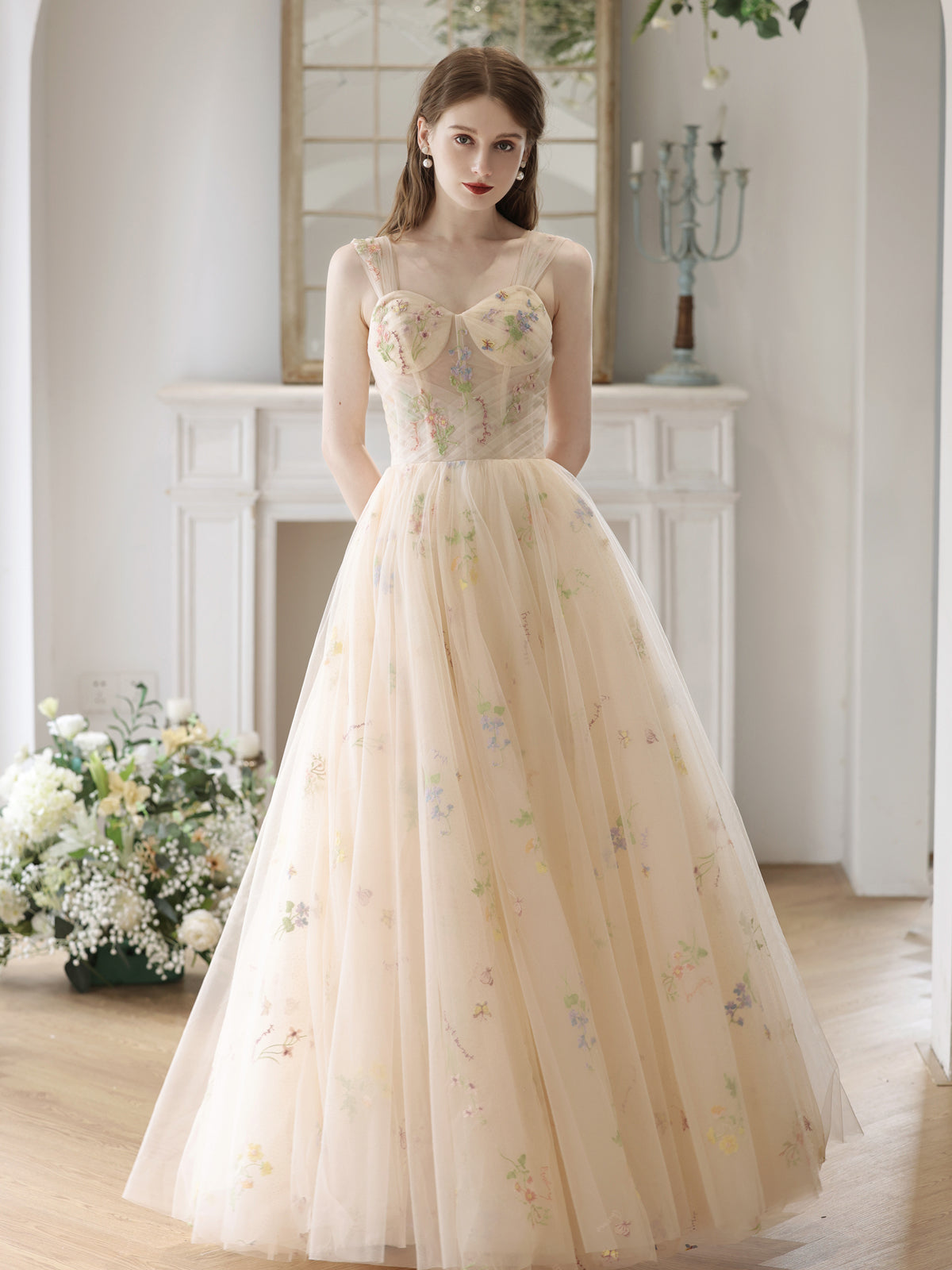 Light Champagne Floral Tulle Off Shoulder Party Dress