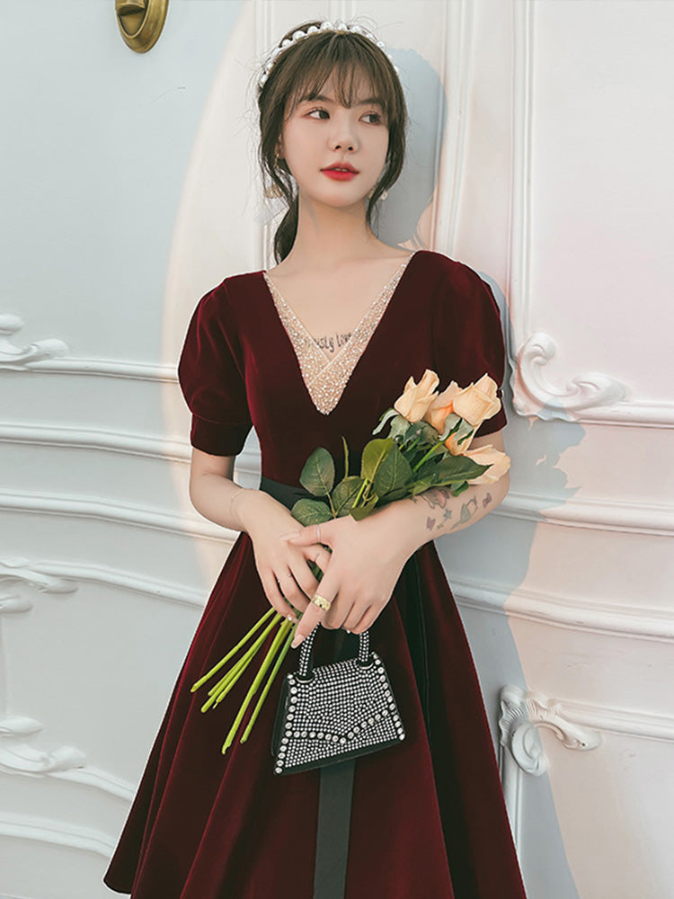Vestido de fiesta de terciopelo rojo vino para regreso a casa 