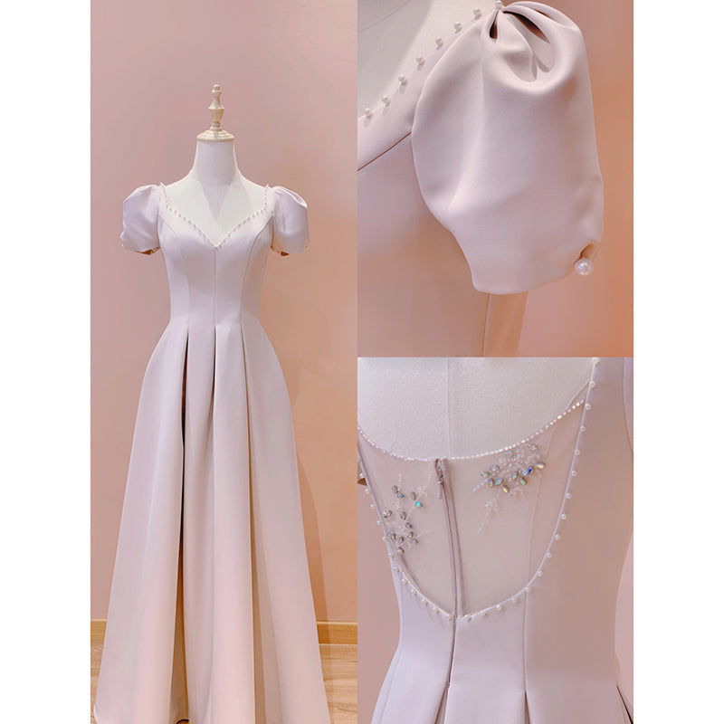 Vestido de fiesta rosa con escote en forma de corazón, mangas cortas y largo hasta el suelo 