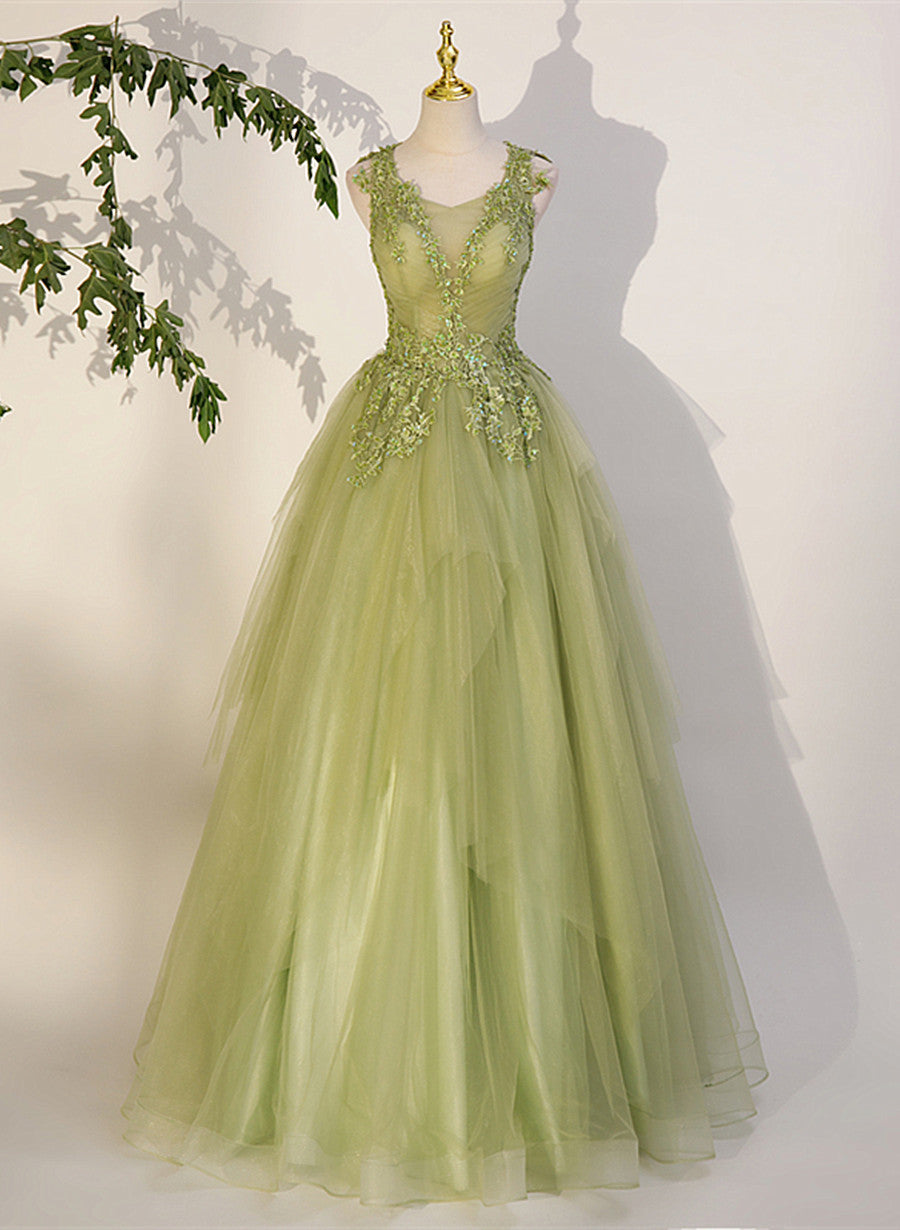 Vestido de fiesta verde claro de tul con apliques de encaje en forma de A 