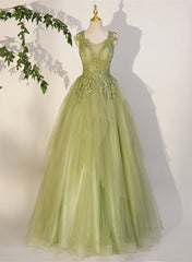 Vestido de fiesta verde claro de tul con apliques de encaje en forma de A 