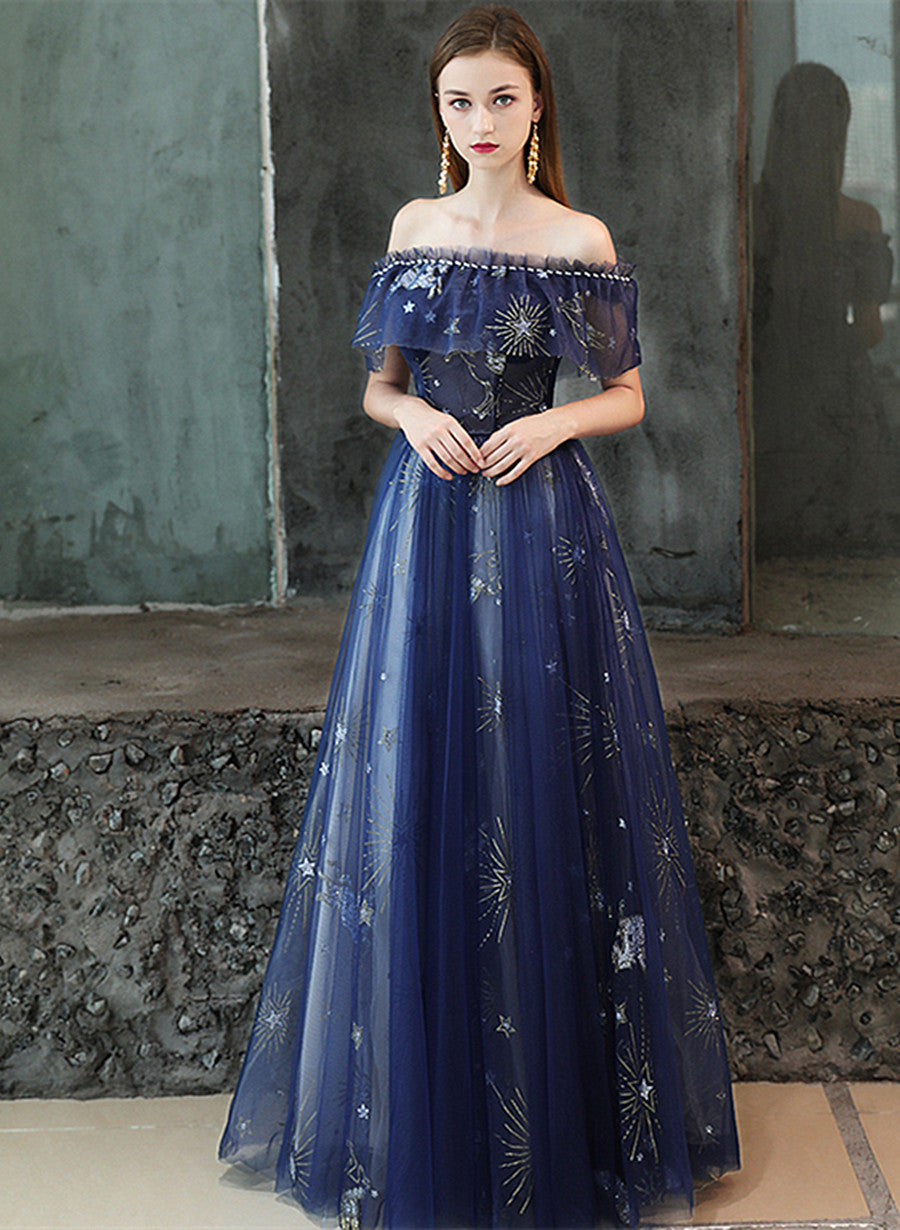 Vestido de fiesta largo azul marino con hombros descubiertos y corte A 