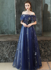 Vestido de fiesta largo azul marino con hombros descubiertos y corte A 