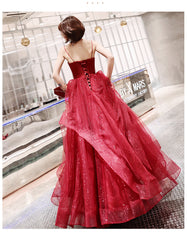 Vestidos de fiesta largos de tul rojo vino con escote en V 