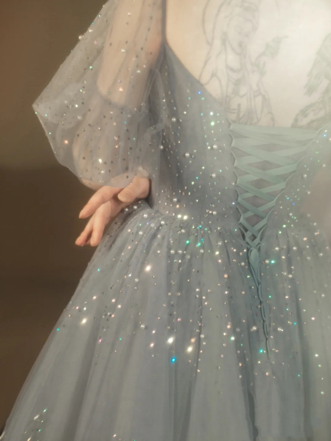 Blue Beaded A-line Tulle Long Party Dress