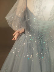 Blue Beaded A-line Tulle Long Party Dress