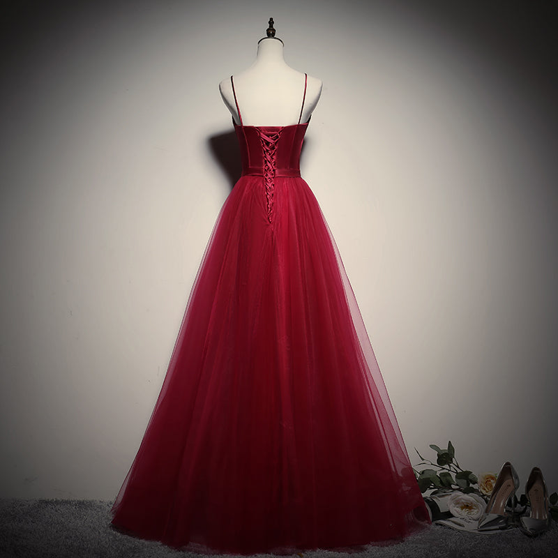 Gorgeous Dark Red Straps Tulle Long Party Dress