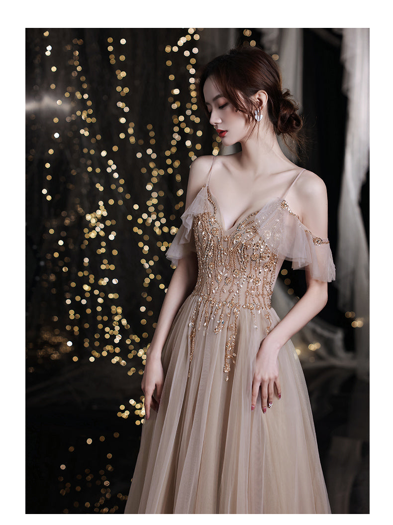 Charming V-neckline Beaded Tulle Straps Prom Dress