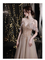 Charming V-neckline Beaded Tulle Straps Prom Dress