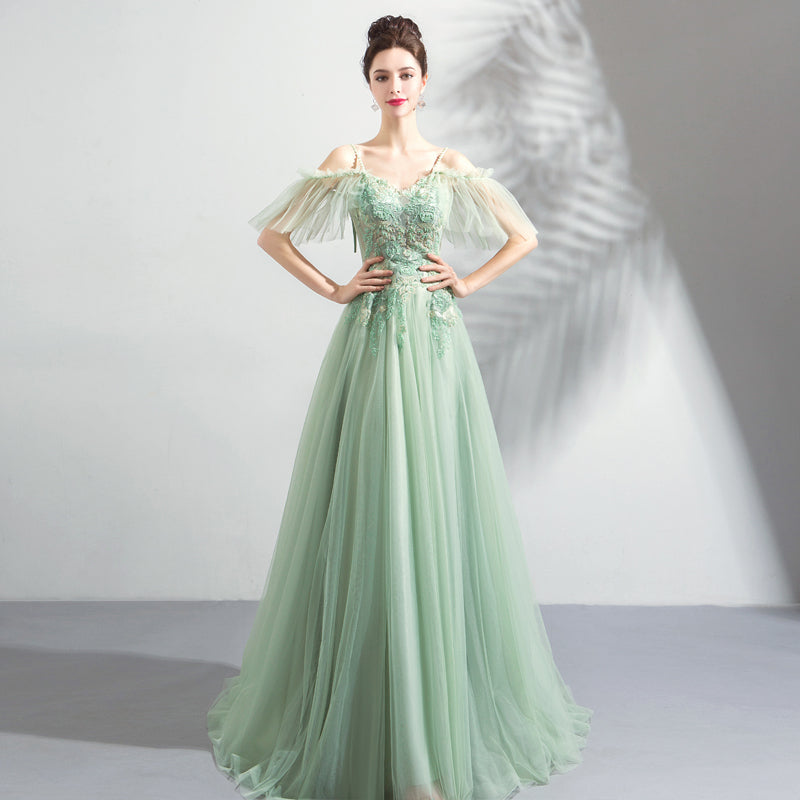 Beautiful Green Off Shoulder Sweetheart Lace Beaded Evening Dresses