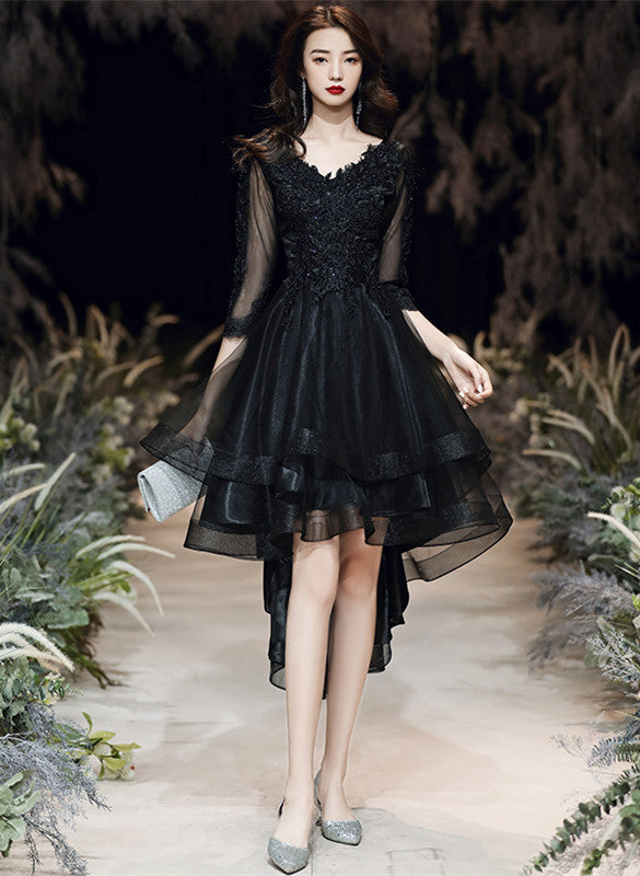 Black Tulle with Lace High Low Party Dress