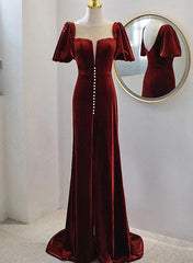 Wine Red Velvet Long Round Neckline Party Dress