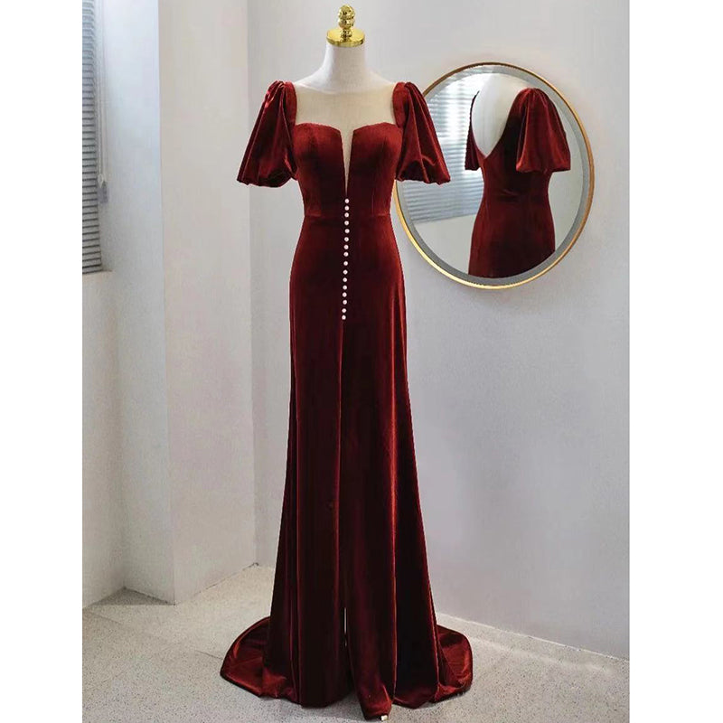 Wine Red Velvet Long Round Neckline Party Dress