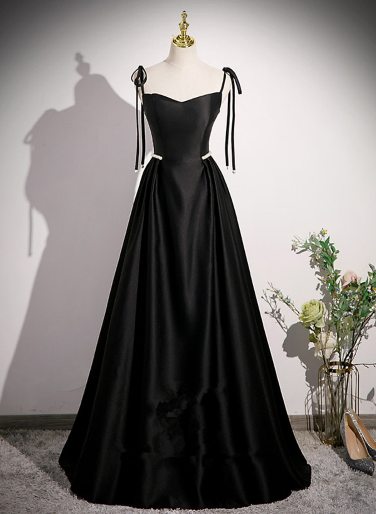 Black Satin Sweetheart Long Prom Dress with Bow