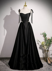 Black Satin Sweetheart Long Prom Dress with Bow