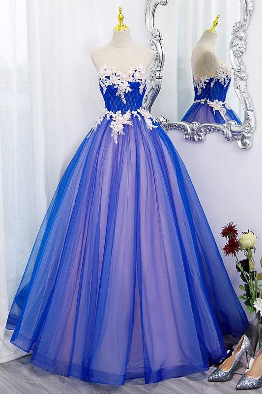 Vestido formal único azul y rosa con encaje 