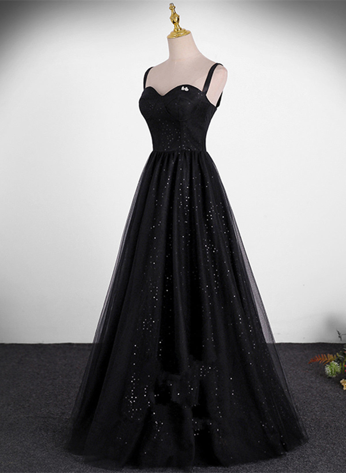 Black A-line Tulle Straps Simple Long Prom Dress