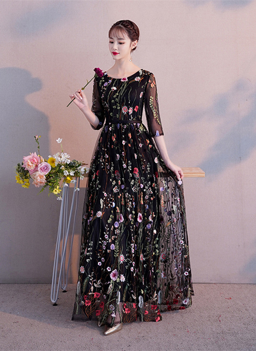 Black A-line Floral Tulle Prom Dress Party Dress