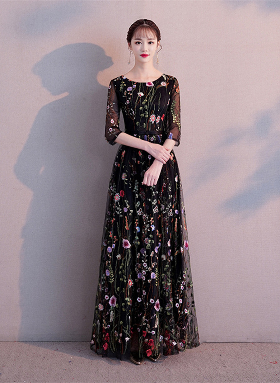 Black A-line Floral Tulle Prom Dress Party Dress