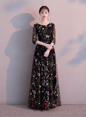 Black A-line Floral Tulle Prom Dress Party Dress