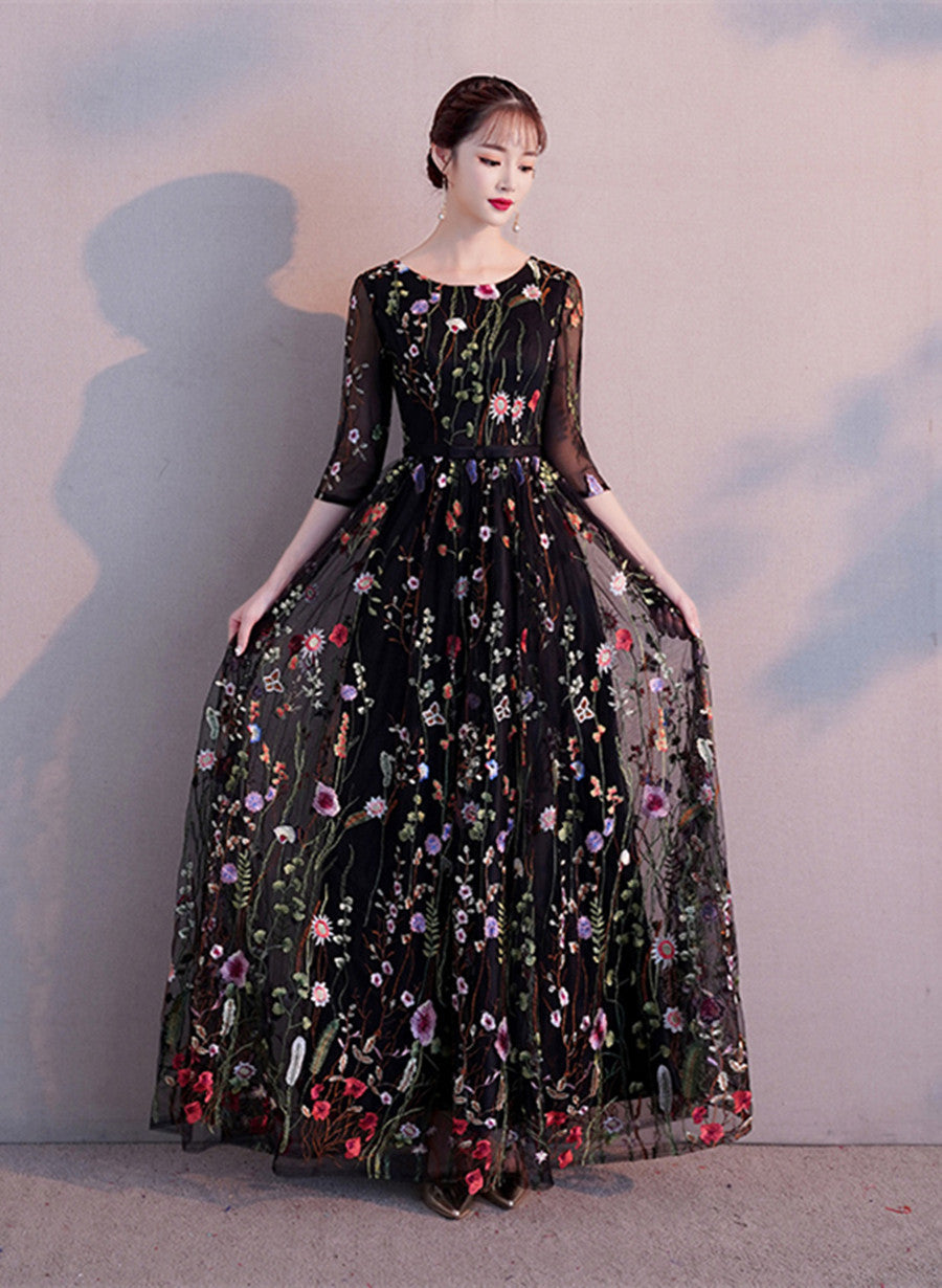 Black A-line Floral Tulle Prom Dress Party Dress