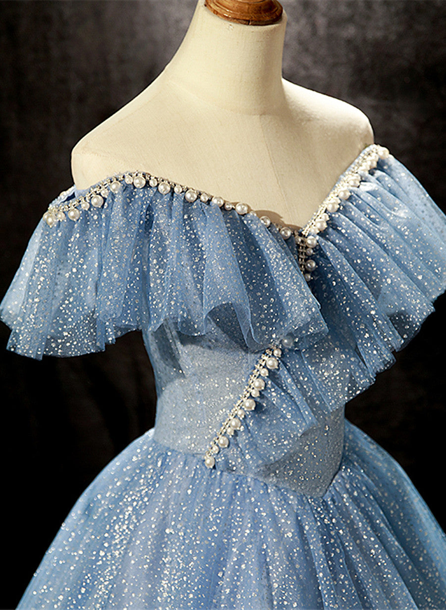 Vestido de fiesta largo con cuentas y hombros descubiertos en azul brillante 