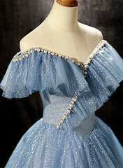 Vestido de fiesta largo con cuentas y hombros descubiertos en azul brillante 