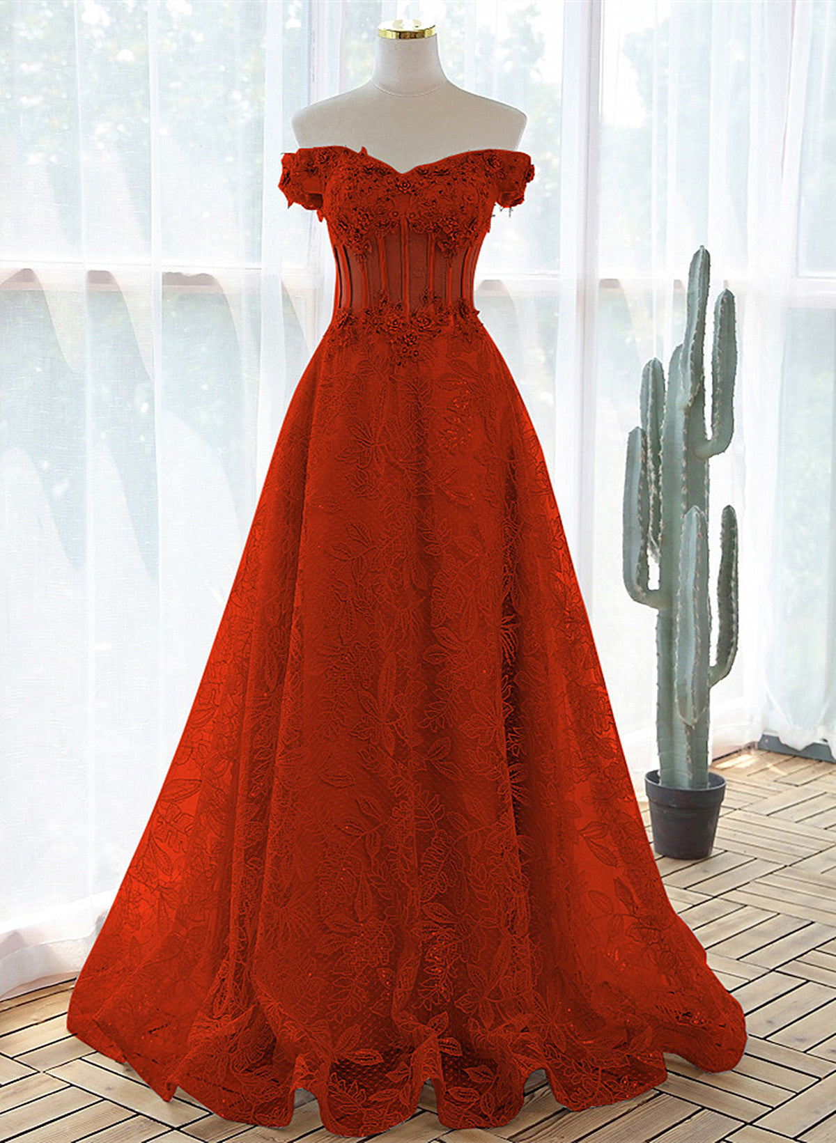 A-line Red Lace Off Shoulder Sweetheart Prom Dress