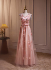 Vestido de fiesta rosa con escote en V, tul, cuentas y apliques de encaje 