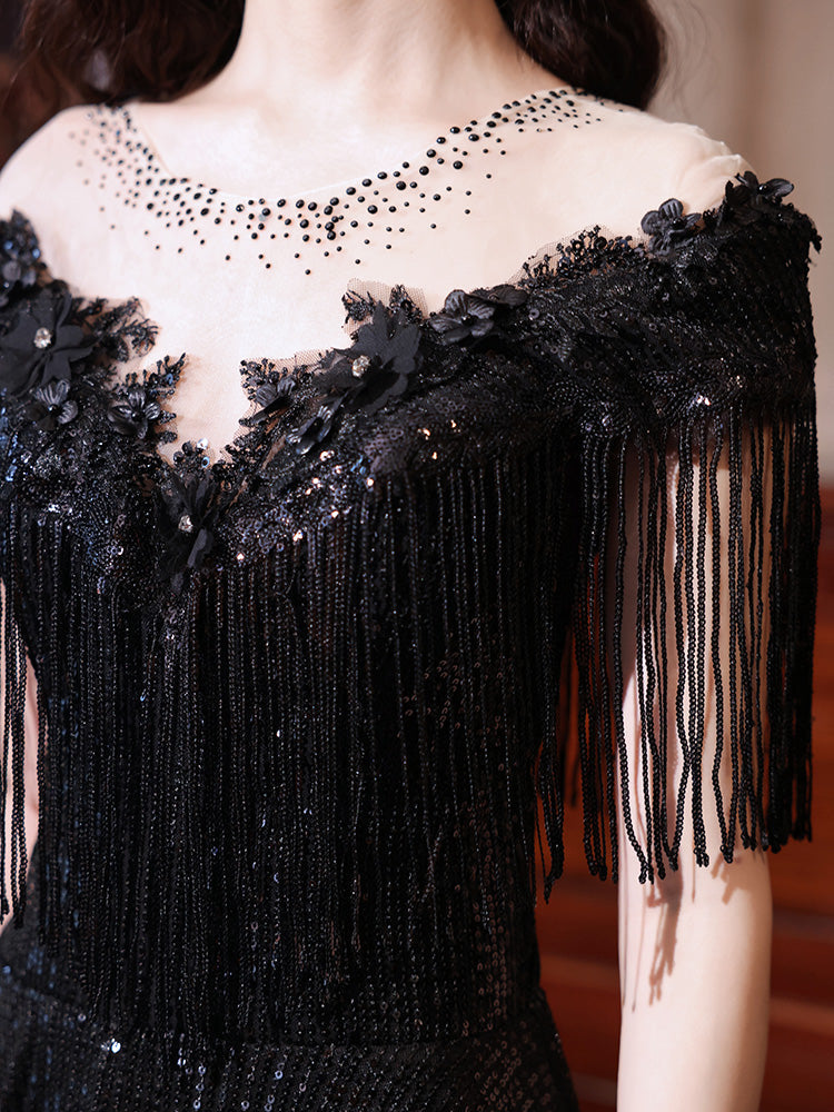 Black Sequins and Lace A-line Prom Dress