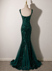 Green Mermaid Long Straps Sequins Long Prom Dress